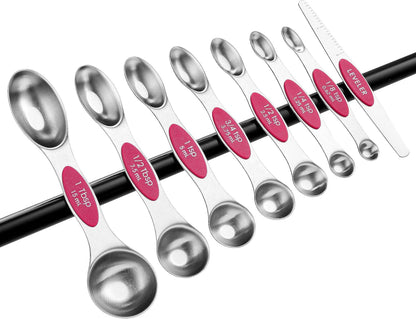 Stainless Steel Magnetic Measuring Spoons Set of 8, Black | Dual Sided Metal Teaspoon & Tablespoon Measuring Spoons with Leveler for Dry & Liquid Ingredients, Nesting, Dishwasher Safe