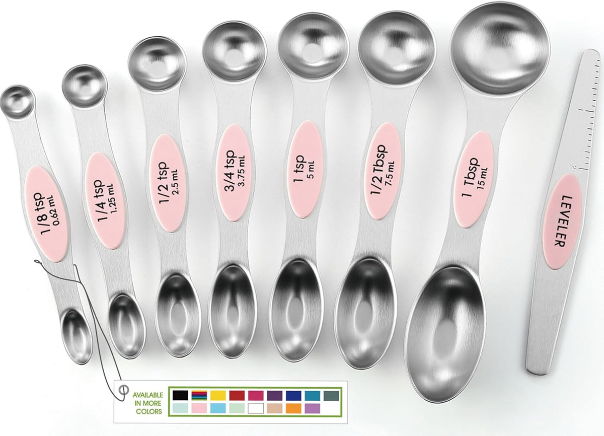 Stainless Steel Magnetic Measuring Spoons Set of 8, Black | Dual Sided Metal Teaspoon & Tablespoon Measuring Spoons with Leveler for Dry & Liquid Ingredients, Nesting, Dishwasher Safe