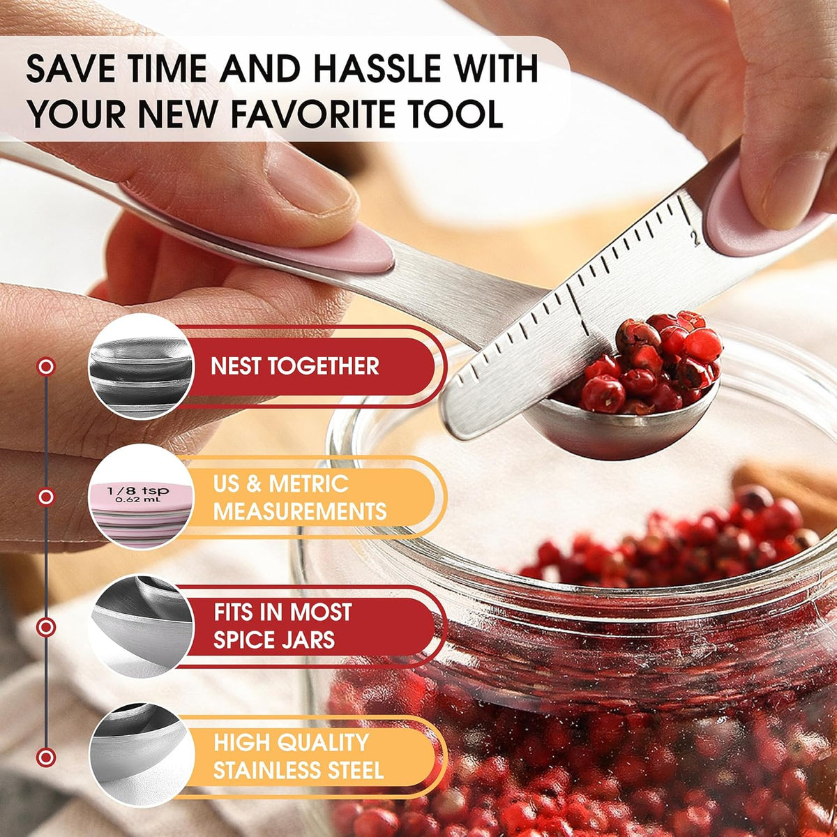 Stainless Steel Magnetic Measuring Spoons Set of 8, Black | Dual Sided Metal Teaspoon & Tablespoon Measuring Spoons with Leveler for Dry & Liquid Ingredients, Nesting, Dishwasher Safe