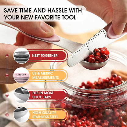 Stainless Steel Magnetic Measuring Spoons Set of 8, Black | Dual Sided Metal Teaspoon & Tablespoon Measuring Spoons with Leveler for Dry & Liquid Ingredients, Nesting, Dishwasher Safe