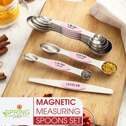 Stainless Steel Magnetic Measuring Spoons Set of 8, Black | Dual Sided Metal Teaspoon & Tablespoon Measuring Spoons with Leveler for Dry & Liquid Ingredients, Nesting, Dishwasher Safe