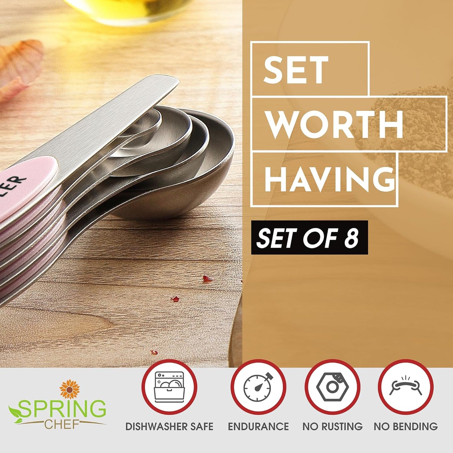 Stainless Steel Magnetic Measuring Spoons Set of 8, Black | Dual Sided Metal Teaspoon & Tablespoon Measuring Spoons with Leveler for Dry & Liquid Ingredients, Nesting, Dishwasher Safe
