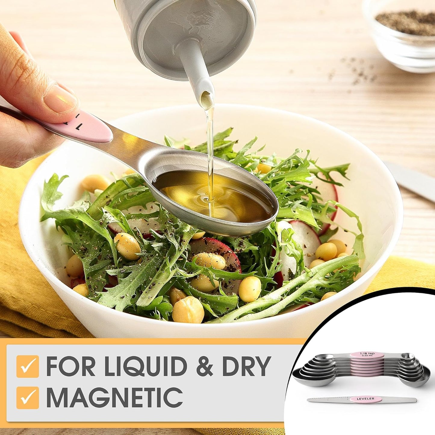 Stainless Steel Magnetic Measuring Spoons Set of 8, Black | Dual Sided Metal Teaspoon & Tablespoon Measuring Spoons with Leveler for Dry & Liquid Ingredients, Nesting, Dishwasher Safe