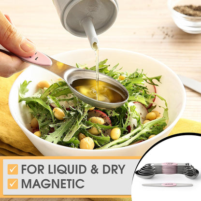 Stainless Steel Magnetic Measuring Spoons Set of 8, Black | Dual Sided Metal Teaspoon & Tablespoon Measuring Spoons with Leveler for Dry & Liquid Ingredients, Nesting, Dishwasher Safe