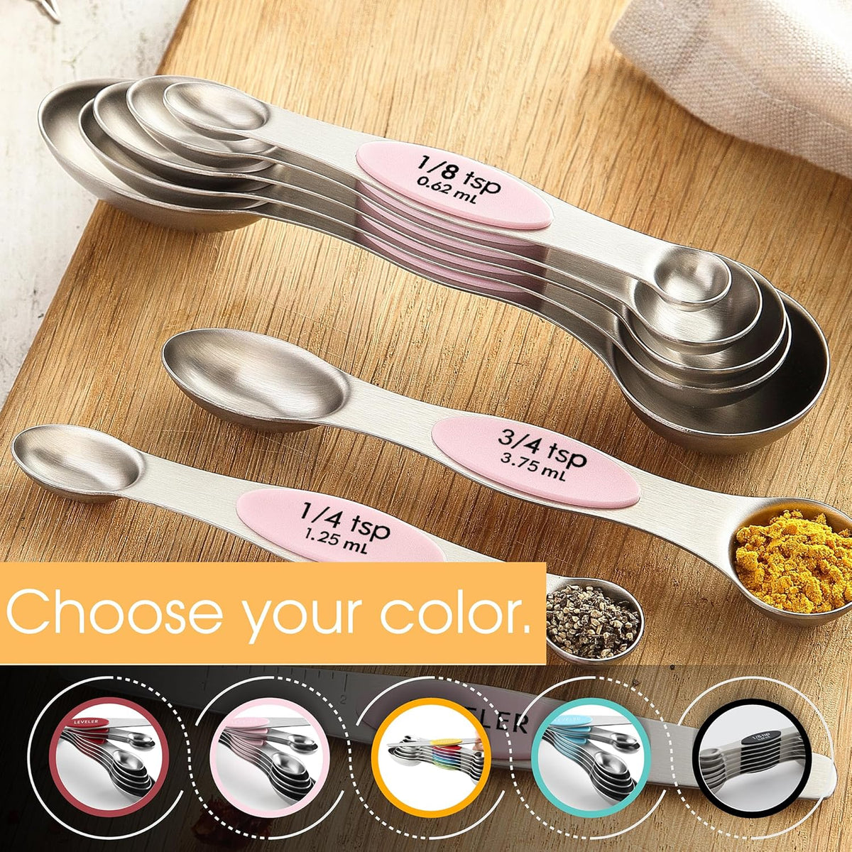 Stainless Steel Magnetic Measuring Spoons Set of 8, Black | Dual Sided Metal Teaspoon & Tablespoon Measuring Spoons with Leveler for Dry & Liquid Ingredients, Nesting, Dishwasher Safe