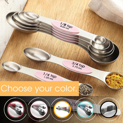 Stainless Steel Magnetic Measuring Spoons Set of 8, Black | Dual Sided Metal Teaspoon & Tablespoon Measuring Spoons with Leveler for Dry & Liquid Ingredients, Nesting, Dishwasher Safe