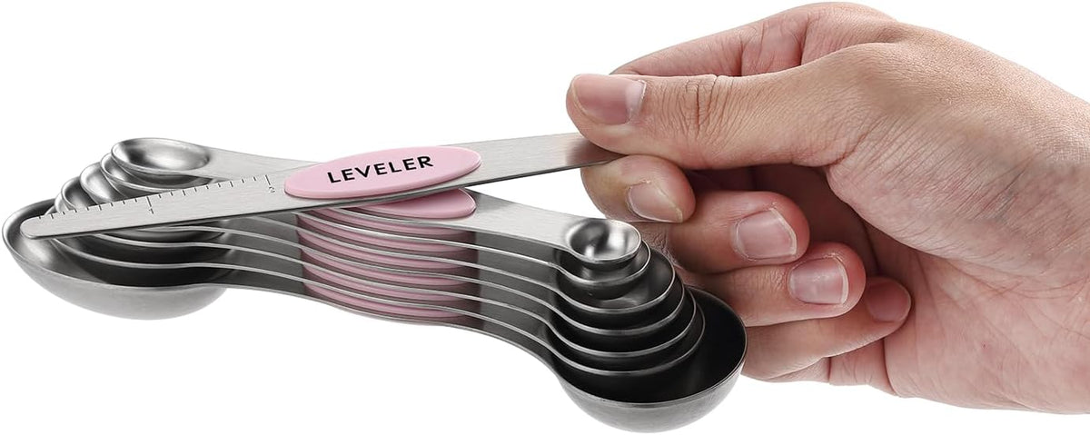 Stainless Steel Magnetic Measuring Spoons Set of 8, Black | Dual Sided Metal Teaspoon & Tablespoon Measuring Spoons with Leveler for Dry & Liquid Ingredients, Nesting, Dishwasher Safe
