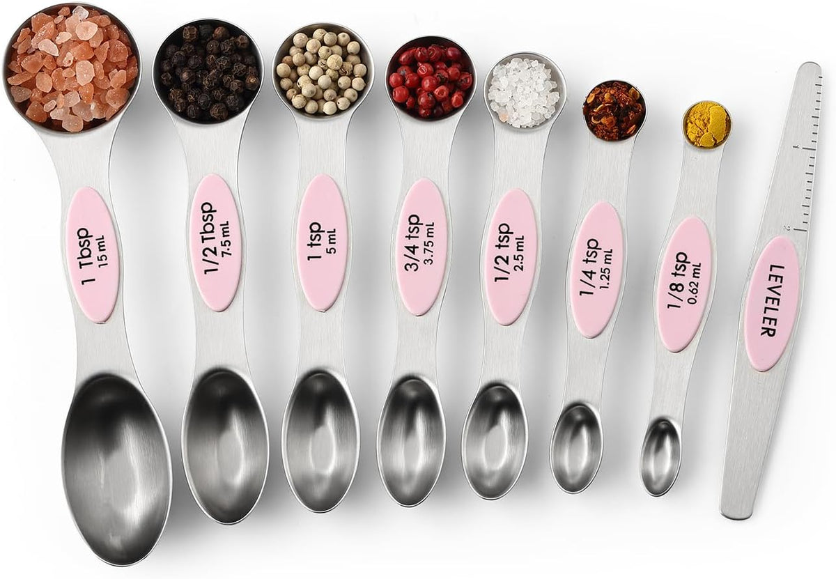 Stainless Steel Magnetic Measuring Spoons Set of 8, Black | Dual Sided Metal Teaspoon & Tablespoon Measuring Spoons with Leveler for Dry & Liquid Ingredients, Nesting, Dishwasher Safe