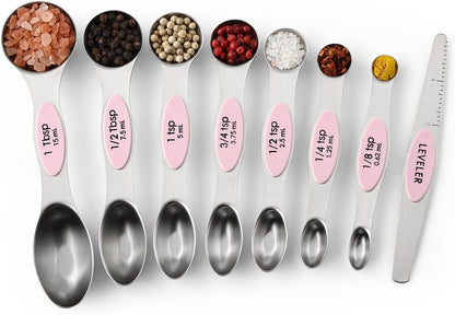 Stainless Steel Magnetic Measuring Spoons Set of 8, Black | Dual Sided Metal Teaspoon & Tablespoon Measuring Spoons with Leveler for Dry & Liquid Ingredients, Nesting, Dishwasher Safe