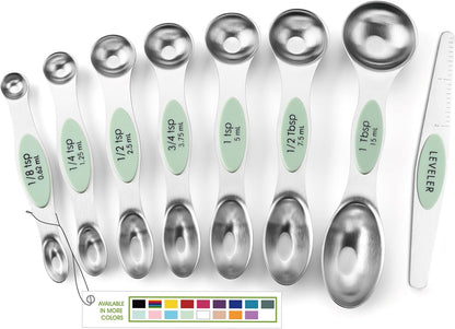 Stainless Steel Magnetic Measuring Spoons Set of 8, Black | Dual Sided Metal Teaspoon & Tablespoon Measuring Spoons with Leveler for Dry & Liquid Ingredients, Nesting, Dishwasher Safe