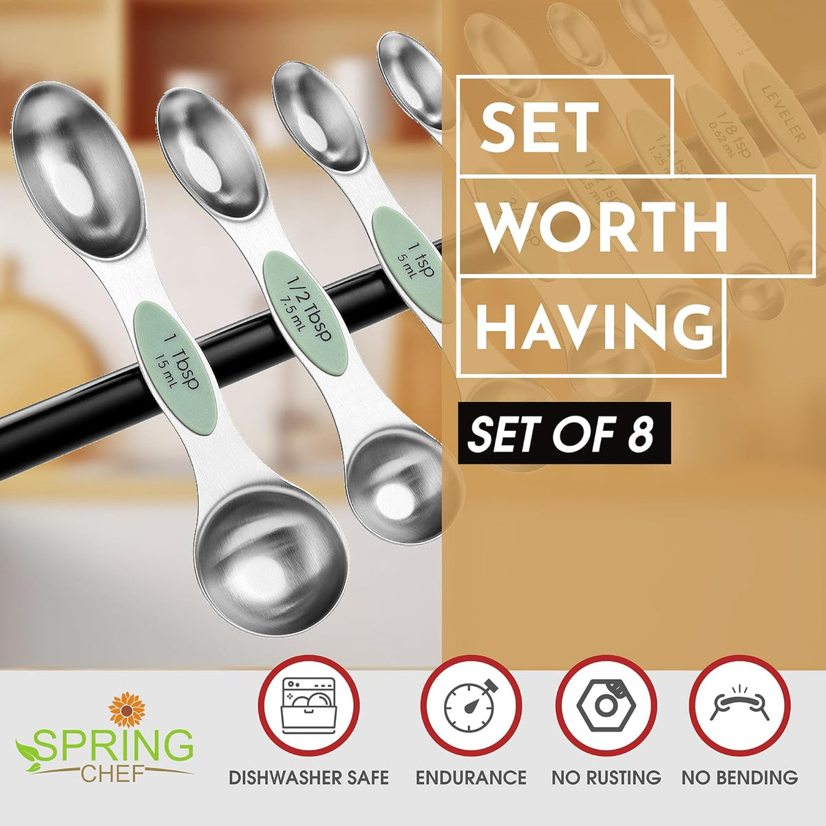 Stainless Steel Magnetic Measuring Spoons Set of 8, Black | Dual Sided Metal Teaspoon & Tablespoon Measuring Spoons with Leveler for Dry & Liquid Ingredients, Nesting, Dishwasher Safe