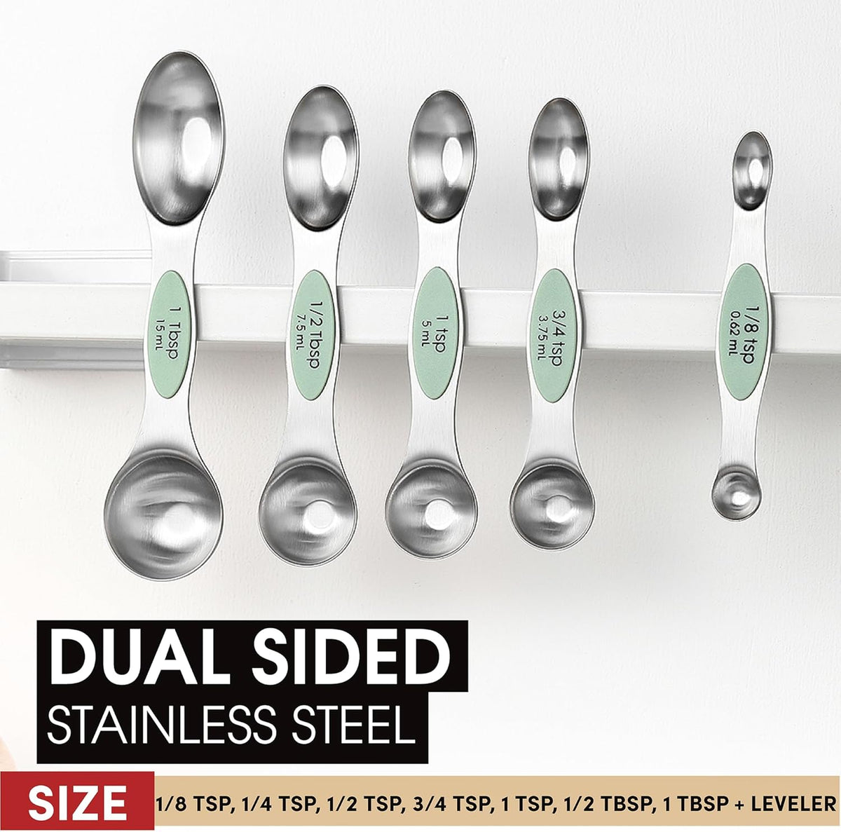 Stainless Steel Magnetic Measuring Spoons Set of 8, Black | Dual Sided Metal Teaspoon & Tablespoon Measuring Spoons with Leveler for Dry & Liquid Ingredients, Nesting, Dishwasher Safe