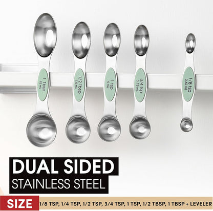 Stainless Steel Magnetic Measuring Spoons Set of 8, Black | Dual Sided Metal Teaspoon & Tablespoon Measuring Spoons with Leveler for Dry & Liquid Ingredients, Nesting, Dishwasher Safe