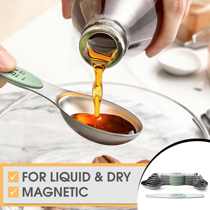 Stainless Steel Magnetic Measuring Spoons Set of 8, Black | Dual Sided Metal Teaspoon & Tablespoon Measuring Spoons with Leveler for Dry & Liquid Ingredients, Nesting, Dishwasher Safe