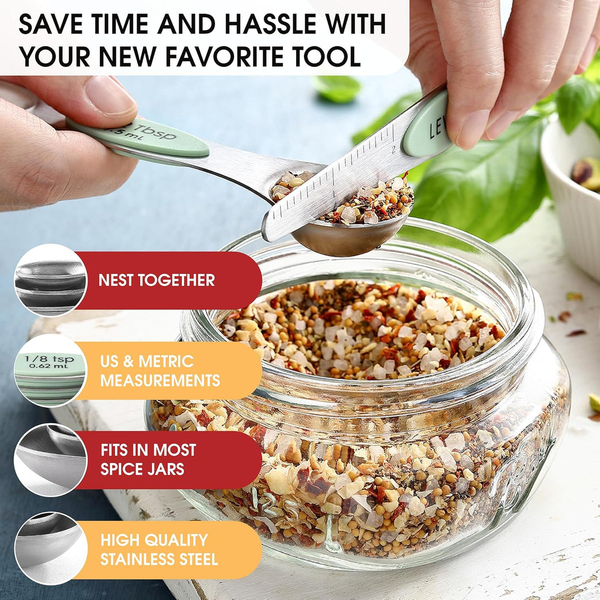 Stainless Steel Magnetic Measuring Spoons Set of 8, Black | Dual Sided Metal Teaspoon & Tablespoon Measuring Spoons with Leveler for Dry & Liquid Ingredients, Nesting, Dishwasher Safe