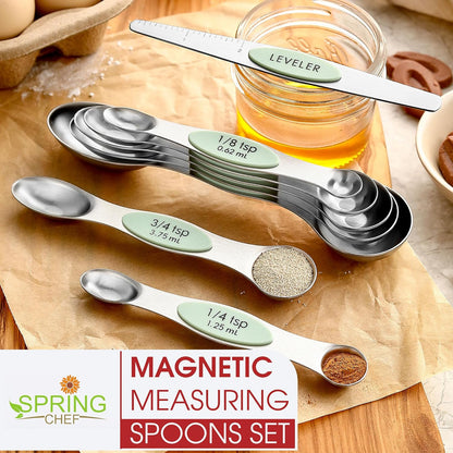 Stainless Steel Magnetic Measuring Spoons Set of 8, Black | Dual Sided Metal Teaspoon & Tablespoon Measuring Spoons with Leveler for Dry & Liquid Ingredients, Nesting, Dishwasher Safe