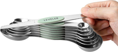 Stainless Steel Magnetic Measuring Spoons Set of 8, Black | Dual Sided Metal Teaspoon & Tablespoon Measuring Spoons with Leveler for Dry & Liquid Ingredients, Nesting, Dishwasher Safe