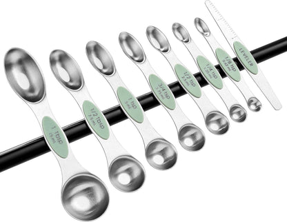 Stainless Steel Magnetic Measuring Spoons Set of 8, Black | Dual Sided Metal Teaspoon & Tablespoon Measuring Spoons with Leveler for Dry & Liquid Ingredients, Nesting, Dishwasher Safe