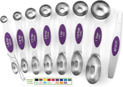 Stainless Steel Magnetic Measuring Spoons Set of 8, Black | Dual Sided Metal Teaspoon & Tablespoon Measuring Spoons with Leveler for Dry & Liquid Ingredients, Nesting, Dishwasher Safe