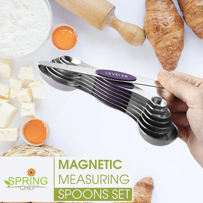 Stainless Steel Magnetic Measuring Spoons Set of 8, Black | Dual Sided Metal Teaspoon & Tablespoon Measuring Spoons with Leveler for Dry & Liquid Ingredients, Nesting, Dishwasher Safe