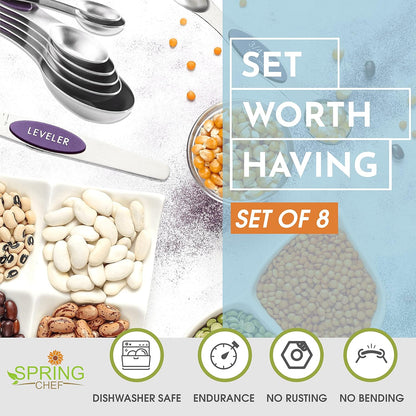 Stainless Steel Magnetic Measuring Spoons Set of 8, Black | Dual Sided Metal Teaspoon & Tablespoon Measuring Spoons with Leveler for Dry & Liquid Ingredients, Nesting, Dishwasher Safe