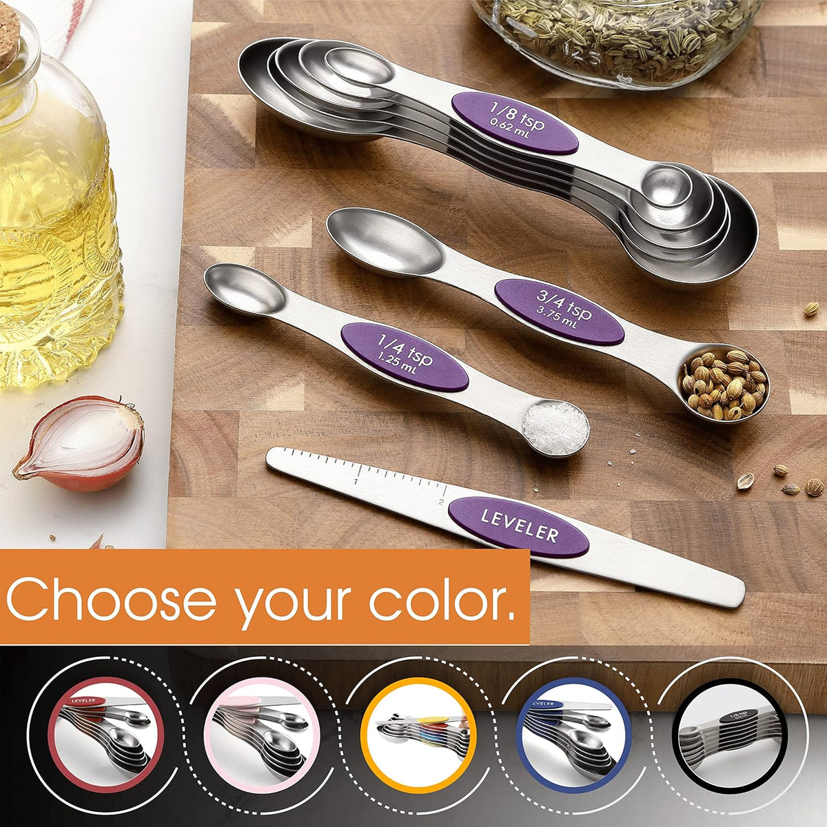 Stainless Steel Magnetic Measuring Spoons Set of 8, Black | Dual Sided Metal Teaspoon & Tablespoon Measuring Spoons with Leveler for Dry & Liquid Ingredients, Nesting, Dishwasher Safe