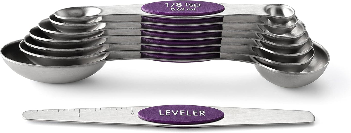 Stainless Steel Magnetic Measuring Spoons Set of 8, Black | Dual Sided Metal Teaspoon & Tablespoon Measuring Spoons with Leveler for Dry & Liquid Ingredients, Nesting, Dishwasher Safe