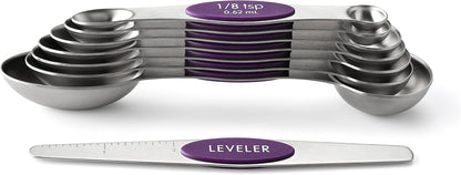 Stainless Steel Magnetic Measuring Spoons Set of 8, Black | Dual Sided Metal Teaspoon & Tablespoon Measuring Spoons with Leveler for Dry & Liquid Ingredients, Nesting, Dishwasher Safe