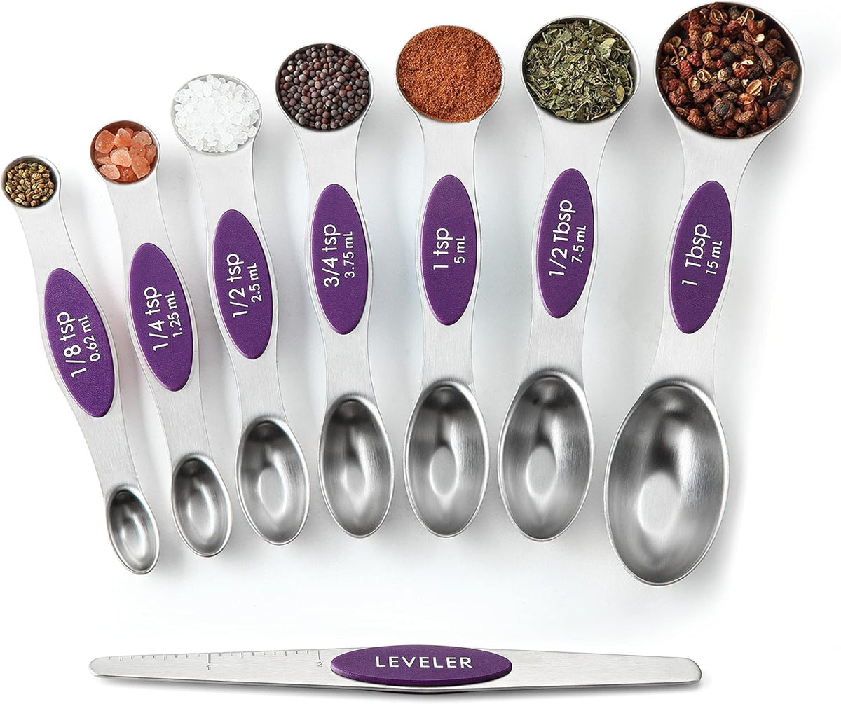 Stainless Steel Magnetic Measuring Spoons Set of 8, Black | Dual Sided Metal Teaspoon & Tablespoon Measuring Spoons with Leveler for Dry & Liquid Ingredients, Nesting, Dishwasher Safe