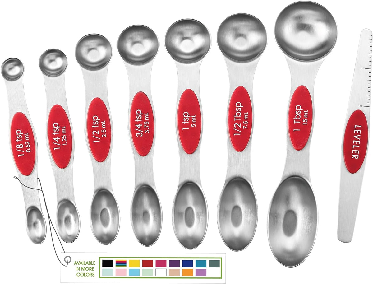 Stainless Steel Magnetic Measuring Spoons Set of 8, Black | Dual Sided Metal Teaspoon & Tablespoon Measuring Spoons with Leveler for Dry & Liquid Ingredients, Nesting, Dishwasher Safe