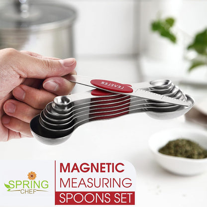Stainless Steel Magnetic Measuring Spoons Set of 8, Black | Dual Sided Metal Teaspoon & Tablespoon Measuring Spoons with Leveler for Dry & Liquid Ingredients, Nesting, Dishwasher Safe