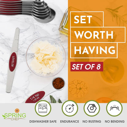 Stainless Steel Magnetic Measuring Spoons Set of 8, Black | Dual Sided Metal Teaspoon & Tablespoon Measuring Spoons with Leveler for Dry & Liquid Ingredients, Nesting, Dishwasher Safe