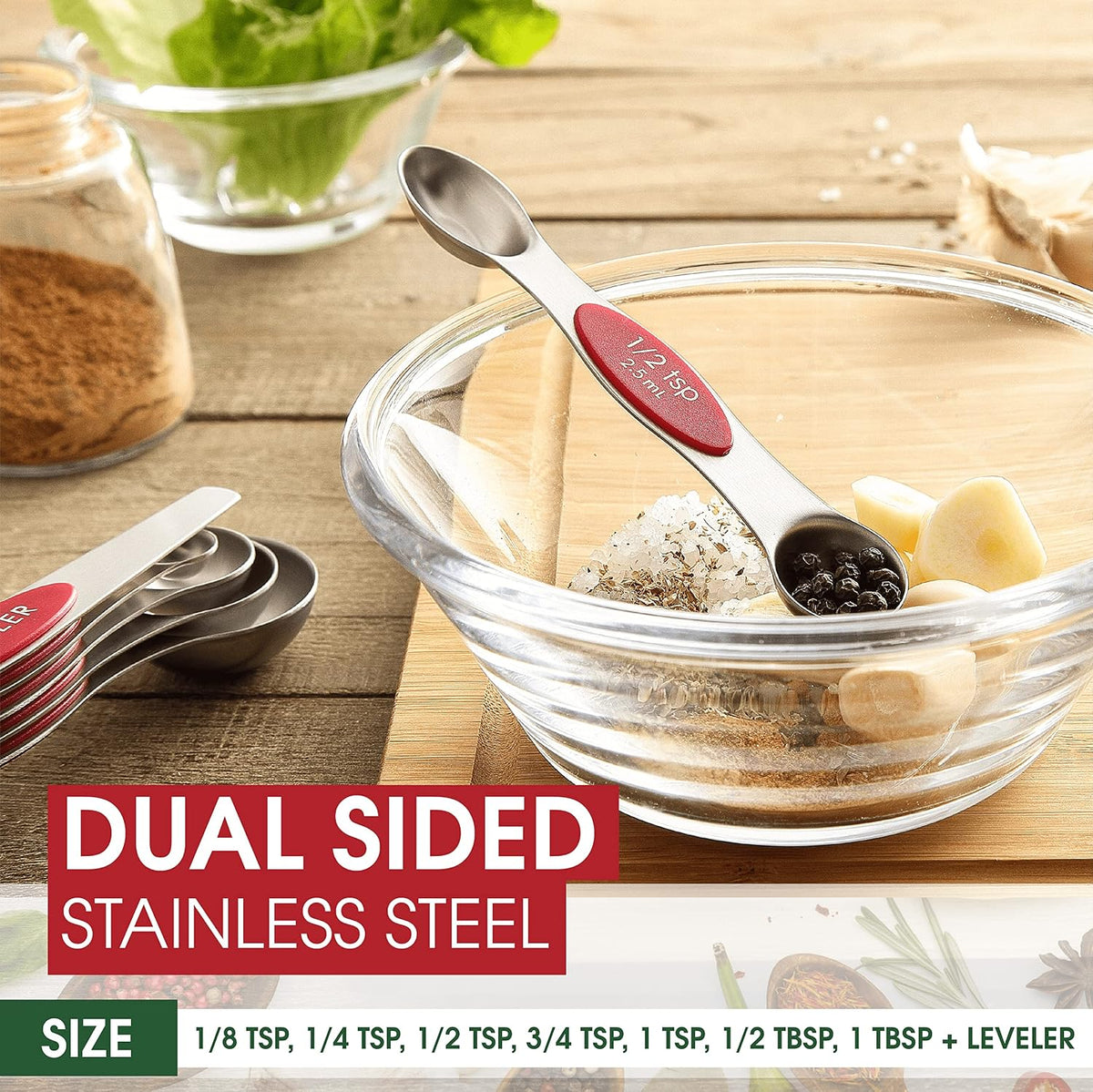 Stainless Steel Magnetic Measuring Spoons Set of 8, Black | Dual Sided Metal Teaspoon & Tablespoon Measuring Spoons with Leveler for Dry & Liquid Ingredients, Nesting, Dishwasher Safe