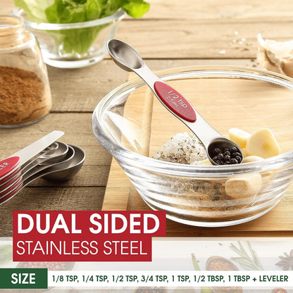Stainless Steel Magnetic Measuring Spoons Set of 8, Black | Dual Sided Metal Teaspoon & Tablespoon Measuring Spoons with Leveler for Dry & Liquid Ingredients, Nesting, Dishwasher Safe