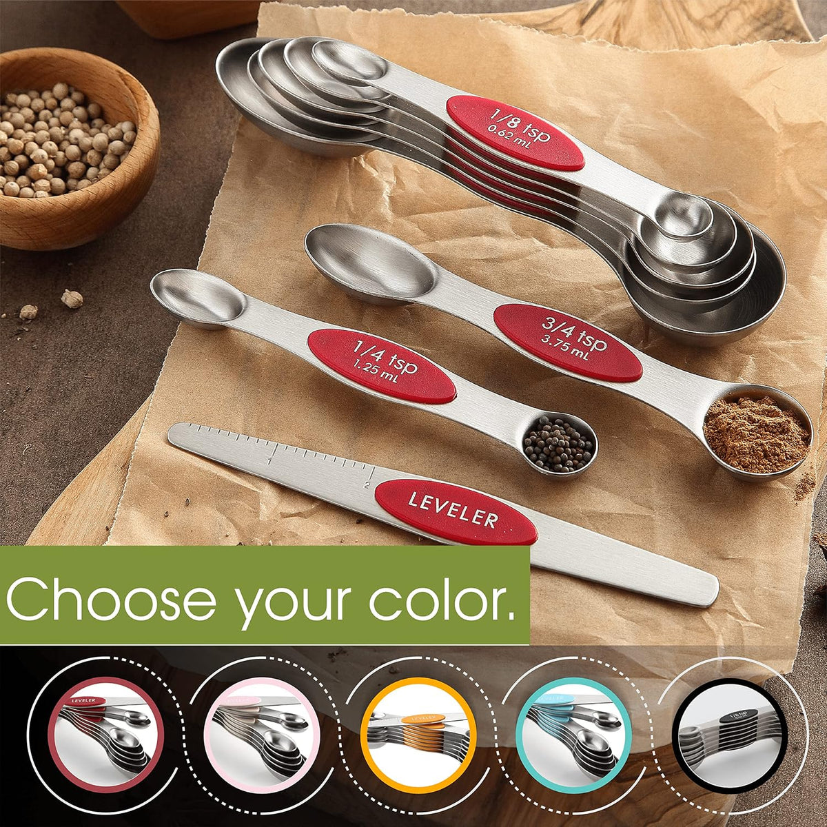 Stainless Steel Magnetic Measuring Spoons Set of 8, Black | Dual Sided Metal Teaspoon & Tablespoon Measuring Spoons with Leveler for Dry & Liquid Ingredients, Nesting, Dishwasher Safe