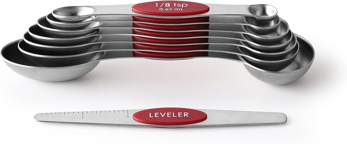 Stainless Steel Magnetic Measuring Spoons Set of 8, Black | Dual Sided Metal Teaspoon & Tablespoon Measuring Spoons with Leveler for Dry & Liquid Ingredients, Nesting, Dishwasher Safe
