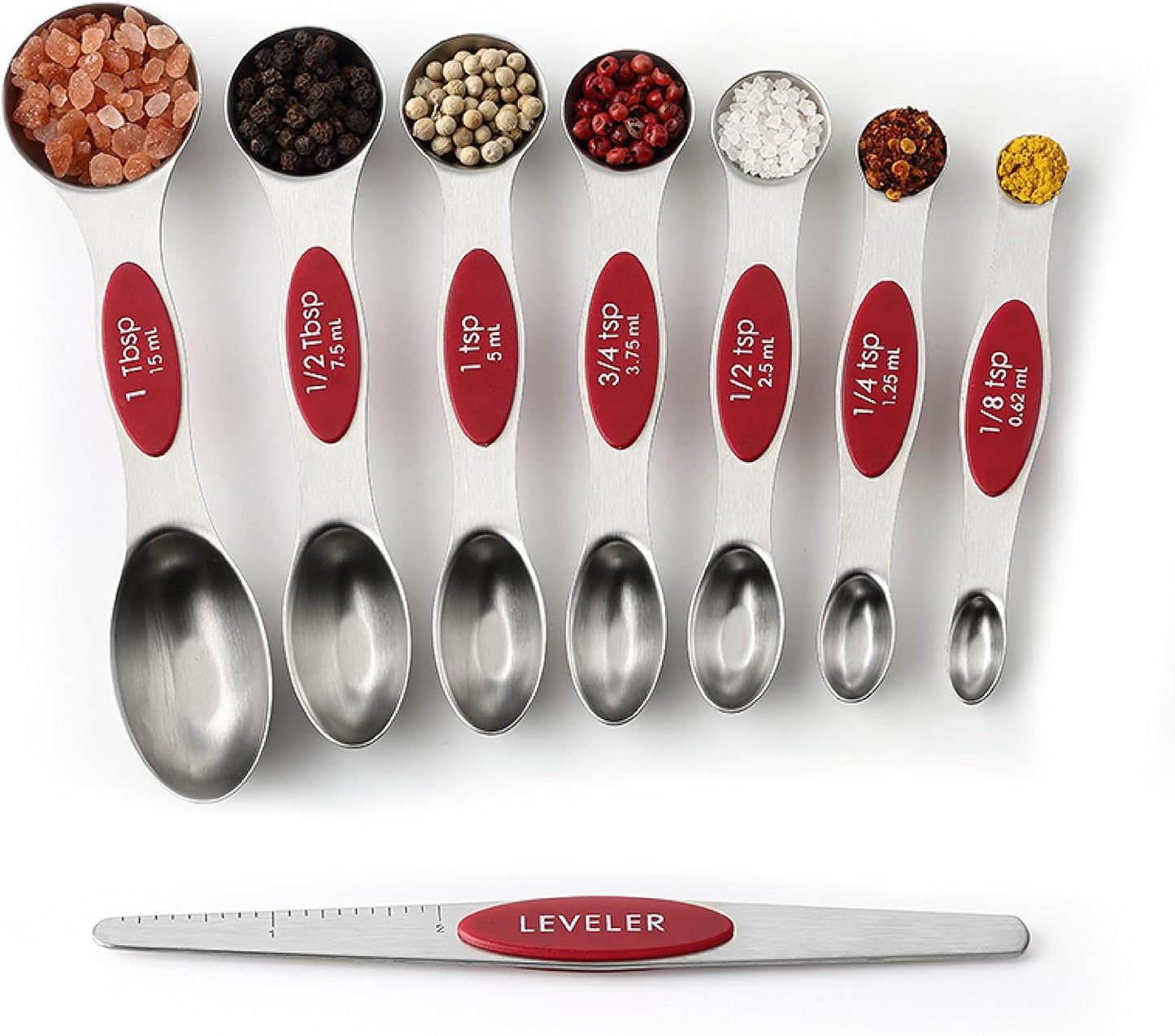 Stainless Steel Magnetic Measuring Spoons Set of 8, Black | Dual Sided Metal Teaspoon & Tablespoon Measuring Spoons with Leveler for Dry & Liquid Ingredients, Nesting, Dishwasher Safe