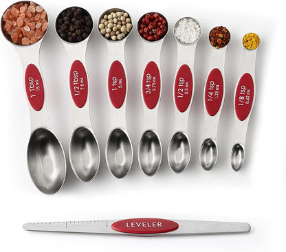 Stainless Steel Magnetic Measuring Spoons Set of 8, Black | Dual Sided Metal Teaspoon & Tablespoon Measuring Spoons with Leveler for Dry & Liquid Ingredients, Nesting, Dishwasher Safe