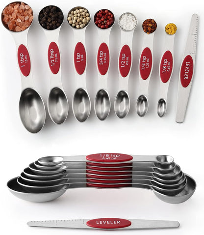 Stainless Steel Magnetic Measuring Spoons Set of 8, Black | Dual Sided Metal Teaspoon & Tablespoon Measuring Spoons with Leveler for Dry & Liquid Ingredients, Nesting, Dishwasher Safe