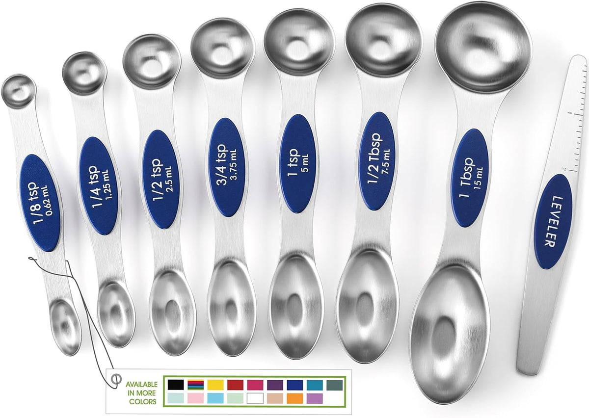 Stainless Steel Magnetic Measuring Spoons Set of 8, Black | Dual Sided Metal Teaspoon & Tablespoon Measuring Spoons with Leveler for Dry & Liquid Ingredients, Nesting, Dishwasher Safe