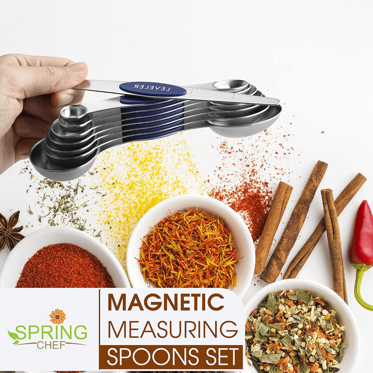 Stainless Steel Magnetic Measuring Spoons Set of 8, Black | Dual Sided Metal Teaspoon & Tablespoon Measuring Spoons with Leveler for Dry & Liquid Ingredients, Nesting, Dishwasher Safe