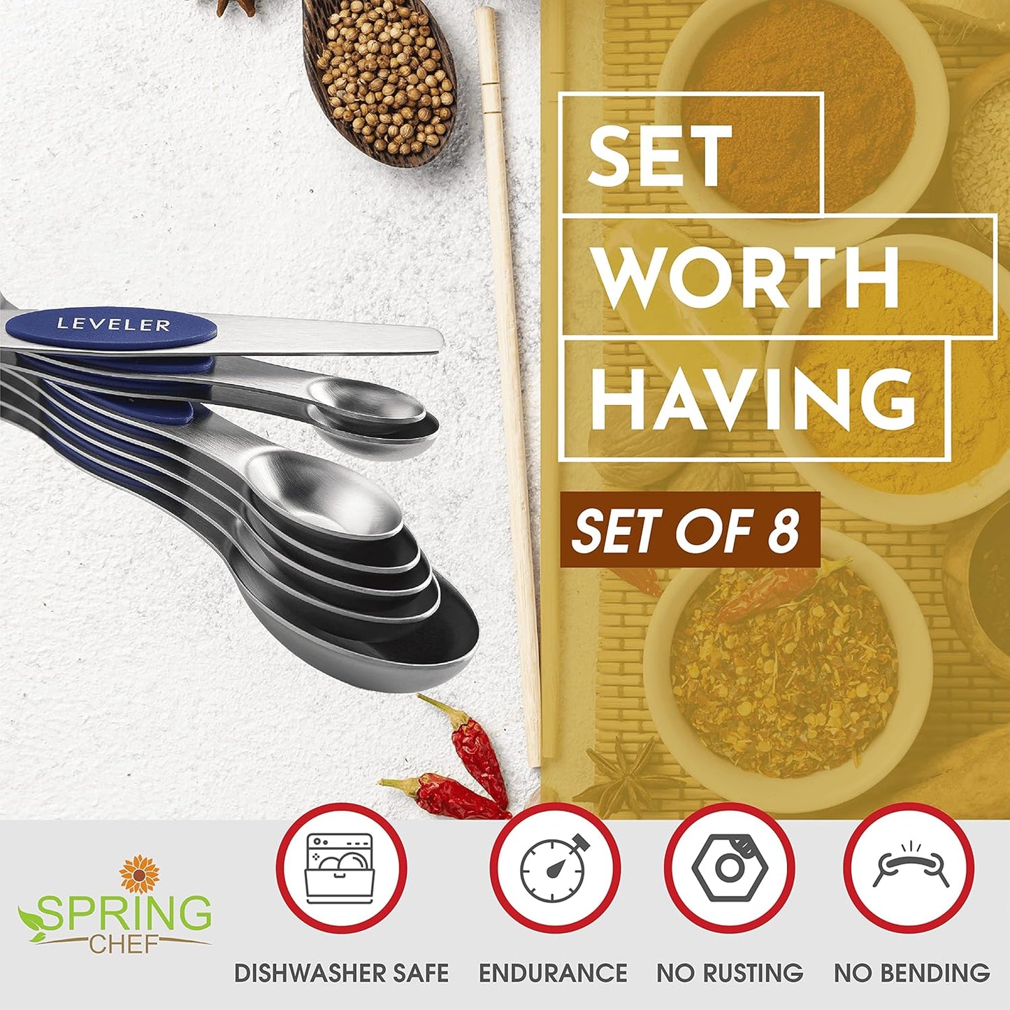 Stainless Steel Magnetic Measuring Spoons Set of 8, Black | Dual Sided Metal Teaspoon & Tablespoon Measuring Spoons with Leveler for Dry & Liquid Ingredients, Nesting, Dishwasher Safe