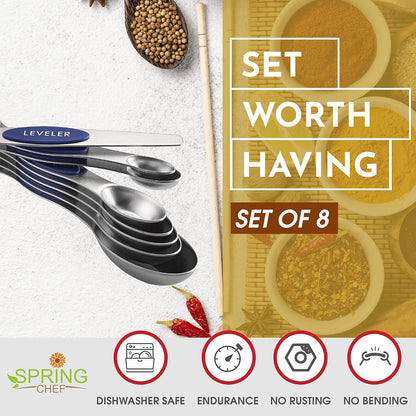 Stainless Steel Magnetic Measuring Spoons Set of 8, Black | Dual Sided Metal Teaspoon & Tablespoon Measuring Spoons with Leveler for Dry & Liquid Ingredients, Nesting, Dishwasher Safe