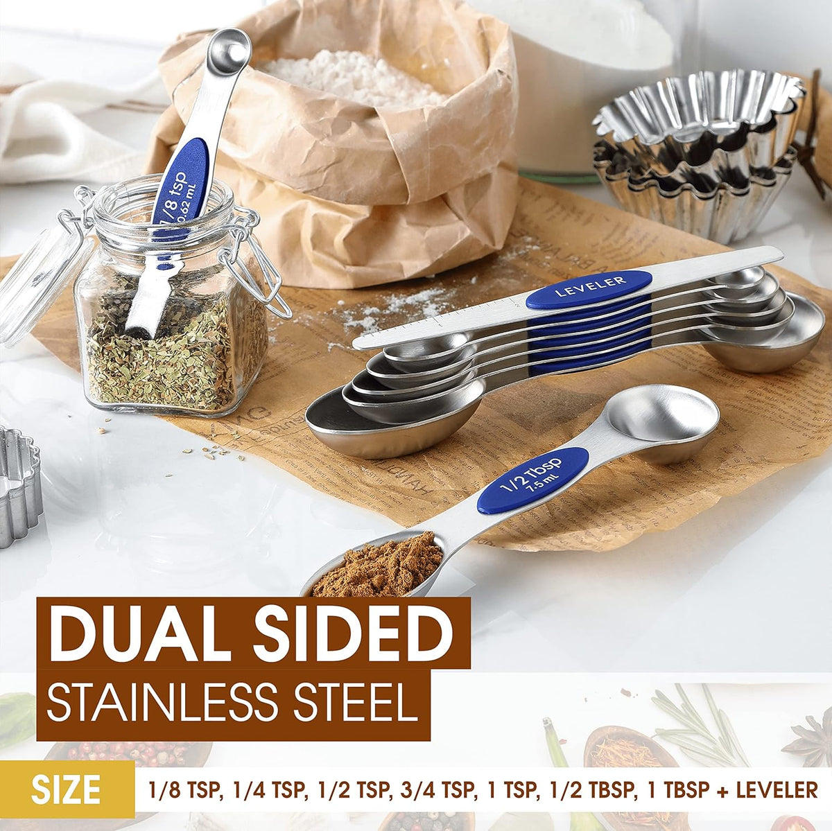 Stainless Steel Magnetic Measuring Spoons Set of 8, Black | Dual Sided Metal Teaspoon & Tablespoon Measuring Spoons with Leveler for Dry & Liquid Ingredients, Nesting, Dishwasher Safe