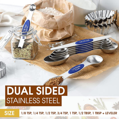 Stainless Steel Magnetic Measuring Spoons Set of 8, Black | Dual Sided Metal Teaspoon & Tablespoon Measuring Spoons with Leveler for Dry & Liquid Ingredients, Nesting, Dishwasher Safe
