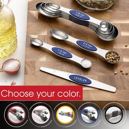 Stainless Steel Magnetic Measuring Spoons Set of 8, Black | Dual Sided Metal Teaspoon & Tablespoon Measuring Spoons with Leveler for Dry & Liquid Ingredients, Nesting, Dishwasher Safe
