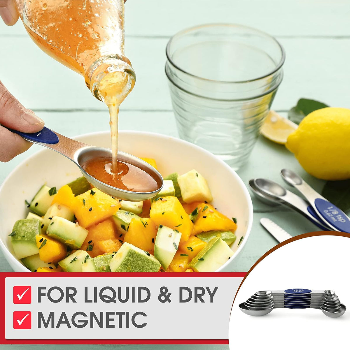Stainless Steel Magnetic Measuring Spoons Set of 8, Black | Dual Sided Metal Teaspoon & Tablespoon Measuring Spoons with Leveler for Dry & Liquid Ingredients, Nesting, Dishwasher Safe