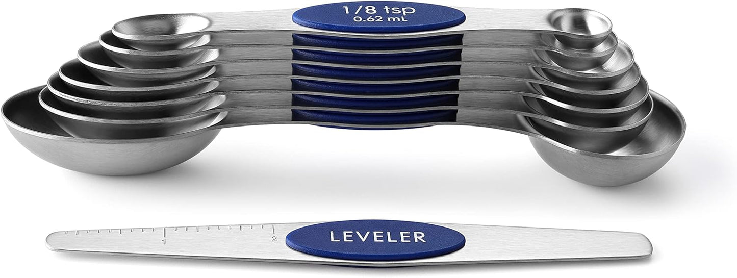Stainless Steel Magnetic Measuring Spoons Set of 8, Black | Dual Sided Metal Teaspoon & Tablespoon Measuring Spoons with Leveler for Dry & Liquid Ingredients, Nesting, Dishwasher Safe