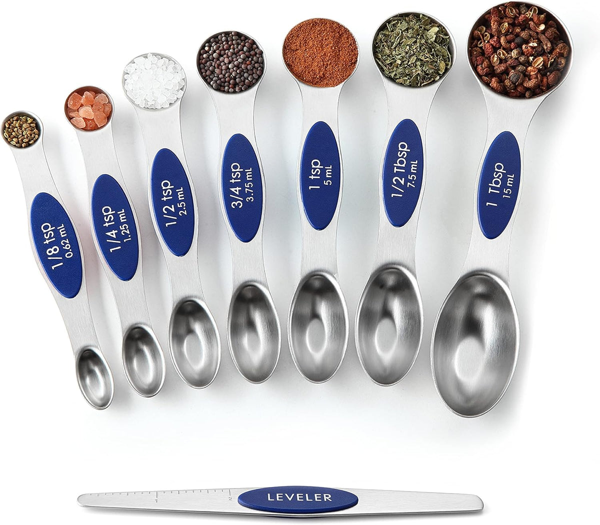 Stainless Steel Magnetic Measuring Spoons Set of 8, Black | Dual Sided Metal Teaspoon & Tablespoon Measuring Spoons with Leveler for Dry & Liquid Ingredients, Nesting, Dishwasher Safe