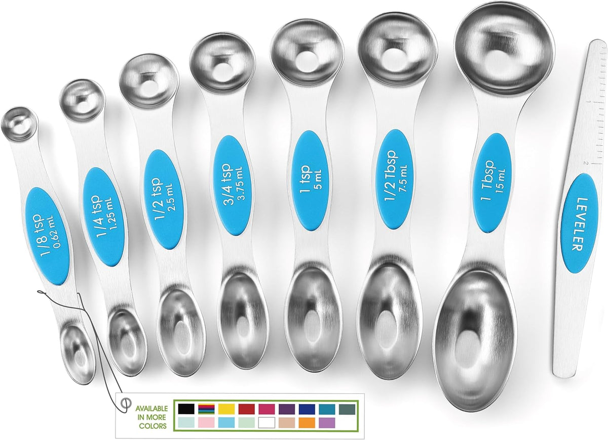 Stainless Steel Magnetic Measuring Spoons Set of 8, Black | Dual Sided Metal Teaspoon & Tablespoon Measuring Spoons with Leveler for Dry & Liquid Ingredients, Nesting, Dishwasher Safe
